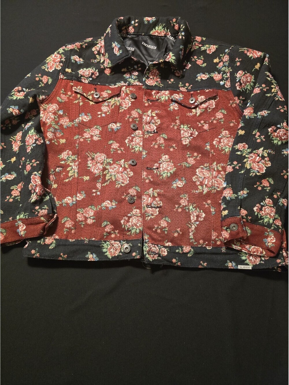 Valabasas Floral Denim Trucker Jacket Men's XL Red Black Roses Button Front